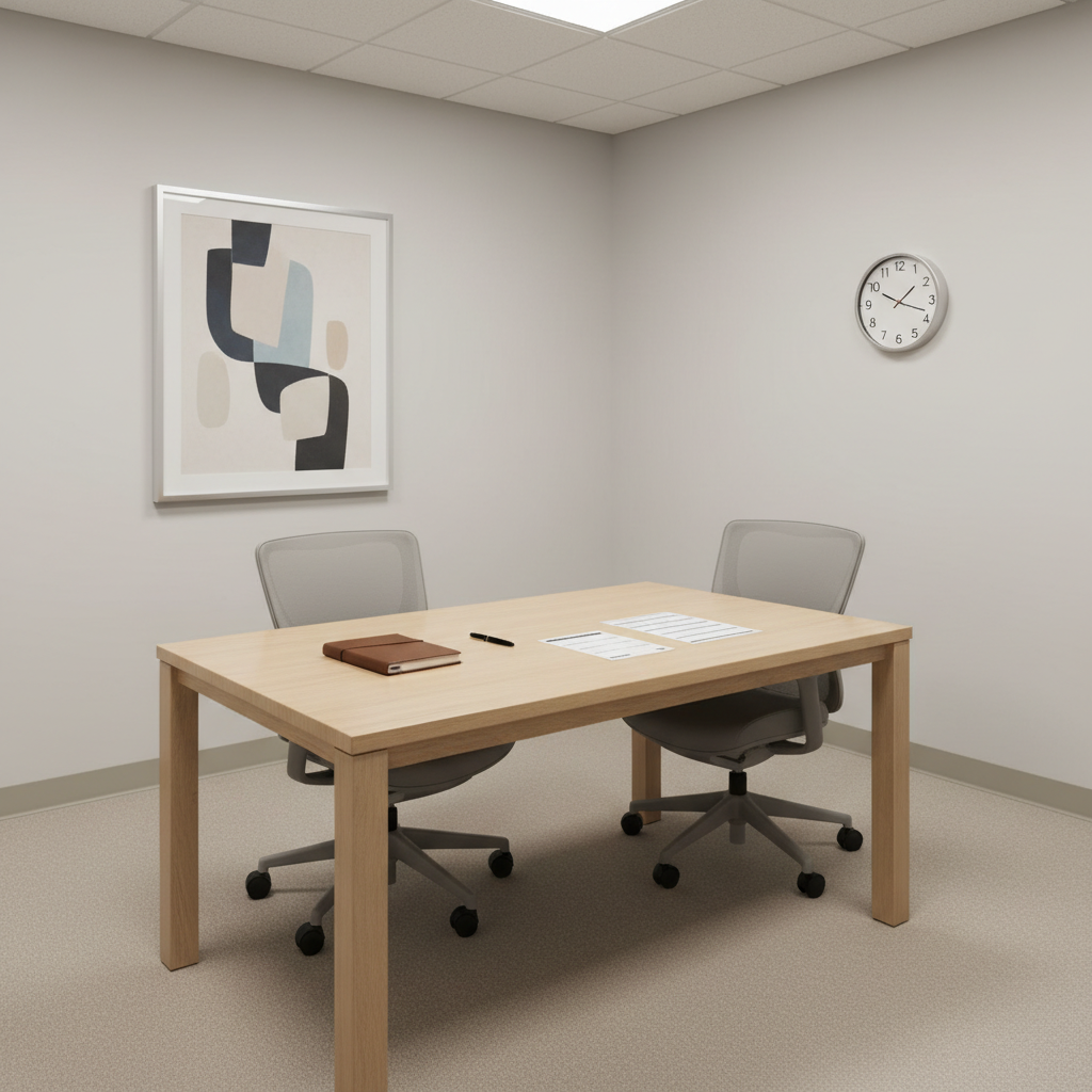 A neutral-toned evaluation room designed for forensic psychology, featuring a sturdy, minimalist table with two identical ergonomic chairs positioned opposite each other, both empty to maintain anonymity. On the table lie a closed notebook, a capped pen, and a small stack of standardized test answer sheets, carefully aligned. The walls are light gray, with a single framed abstract print in subdued colors, and a discrete wall clock suggesting structured time management. Soft, overhead diffuse lighting creates a clear but gentle illumination, with minimal shadows and no dramatic contrasts. Photographic realism at eye level, wide-angle composition capturing the entire room, communicates seriousness, respect, and methodological rigor appropriate for peritajes psicológicos in judicial contexts.