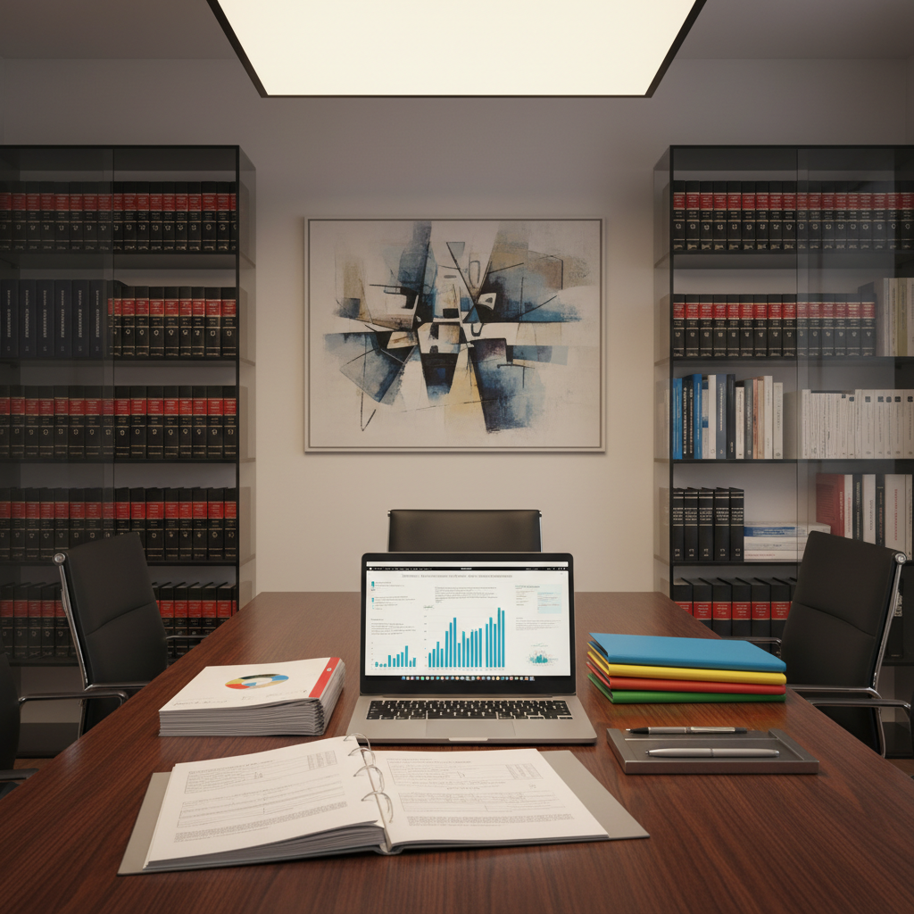 A polished conference table in a contemporary law and psychology consulting office, covered with an open case file, printed expert reports, and a laptop showing anonymized graphs and psychological scales. Beside the laptop, a neat stack of color-coded folders and a metal pen tray emphasize systematic organization. In the background, glass shelves display discrete legal codes and forensic psychology manuals, while a large abstract artwork in muted blues and grays adds sophistication. Warm, indirect artificial lighting from a ceiling panel creates even illumination without harsh shadows. Photographic realism from a slightly elevated angle, with balanced composition and sharp focus throughout, evokes a professional, analytical environment for forensic psychological consulting and technical advisory work linked to judicial processes.