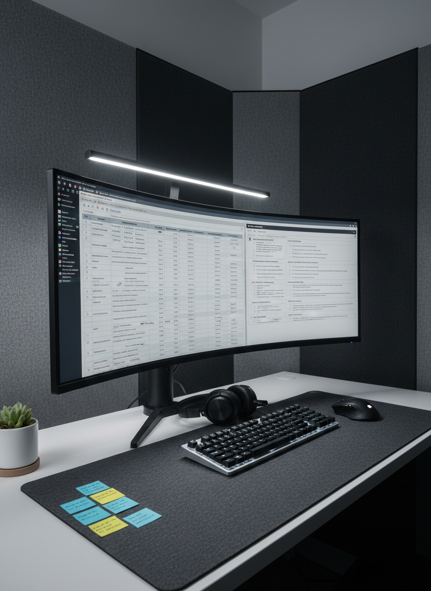 A sophisticated dual-monitor workstation dedicated to metaperitajes and professional supervision in forensic psychology, with one screen showing a detailed, anonymized evaluation matrix and the other displaying a structured review checklist. A high-quality headset rests on the base of one monitor, next to a slim mechanical keyboard and a precise laser mouse on a dark fabric pad. On the desk, color-coded sticky notes are arranged in a tidy grid, and a small potted plant adds a subtle organic touch without breaking the professional tone. The background reveals a quiet office corner with tall acoustic panels in muted tones to suggest confidentiality. Cool, indirect LED lighting from above and behind the monitors gives a focused, analytical mood. Photographic realism, shot from a three-quarter angle, emphasizes clarity, structure, and expert review work.