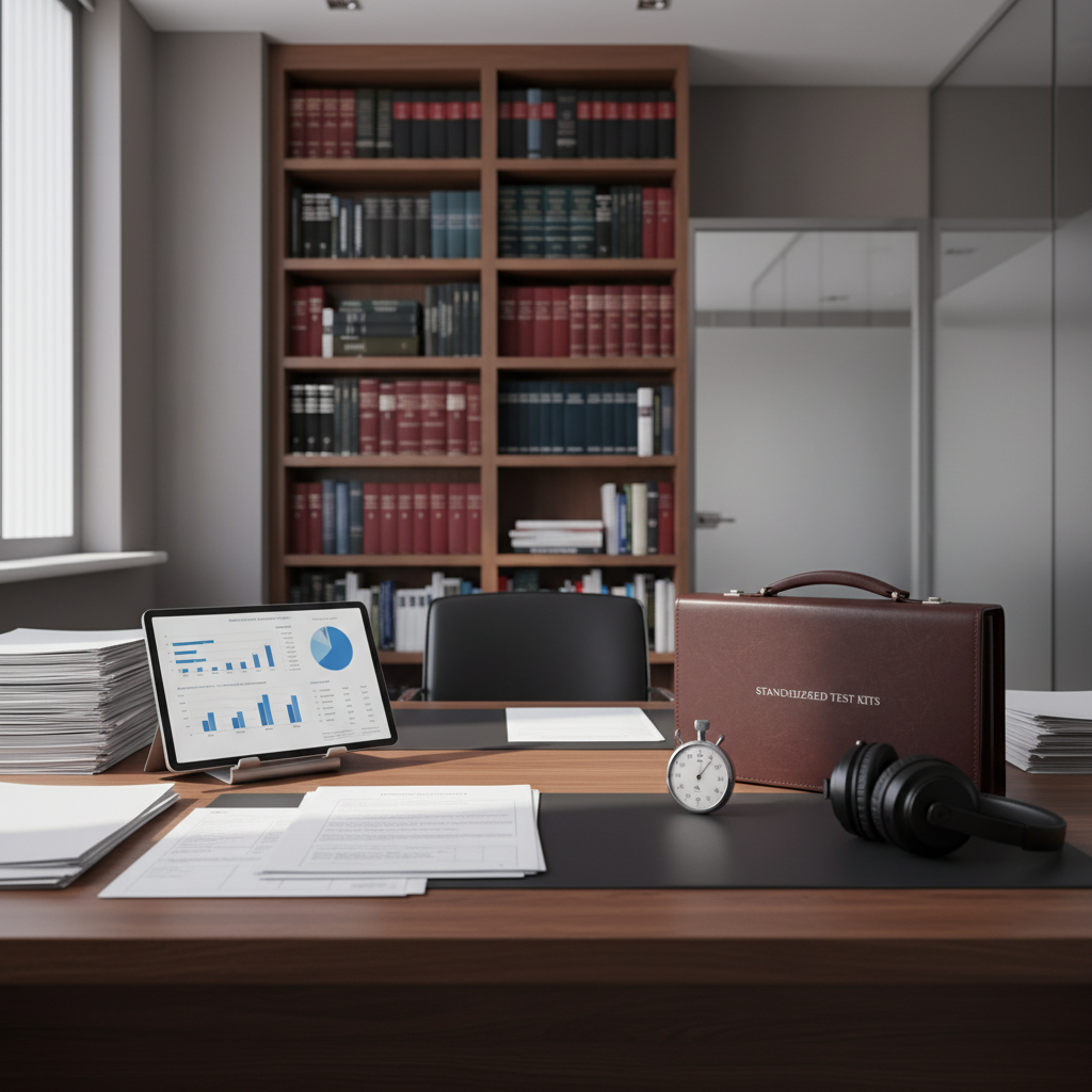 A meticulously organized psychological assessment workspace with a sleek dark wood desk covered in neatly arranged test protocols, blank evaluation forms, and a high-quality digital tablet displaying structured charts. A closed leather case containing standardized test kits sits to one side, beside a precision metal stopwatch and a pair of noise-cancelling headphones. The setting is a modern, professional office with neutral walls, tall shelves lined with law and psychology books, and a frosted glass partition suggesting confidentiality. Soft, diffused daylight enters from a large side window, creating gentle, clear shadows. Photographic realism at eye level, with a clean, modern aesthetic, sharp focus on the desk elements and a slightly blurred background, conveying rigor, objectivity, and a calm, forensic atmosphere suitable for peritajes psicológicos.